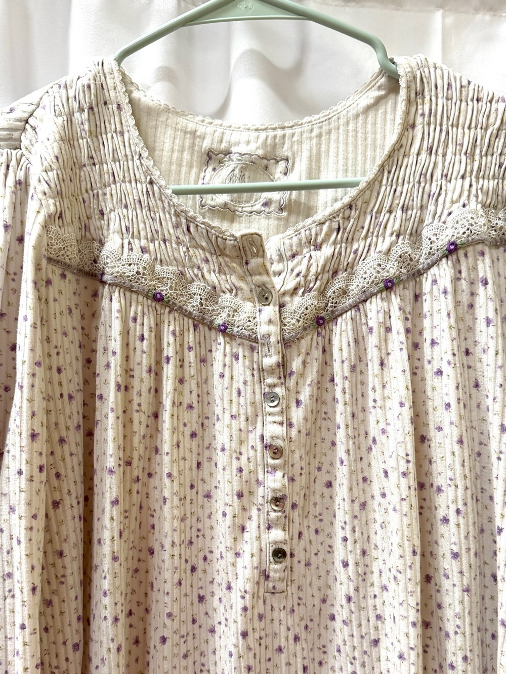 Aria Soft Purple on White Floral Smocked Button-Front Nightgown, Size XL or 1X
